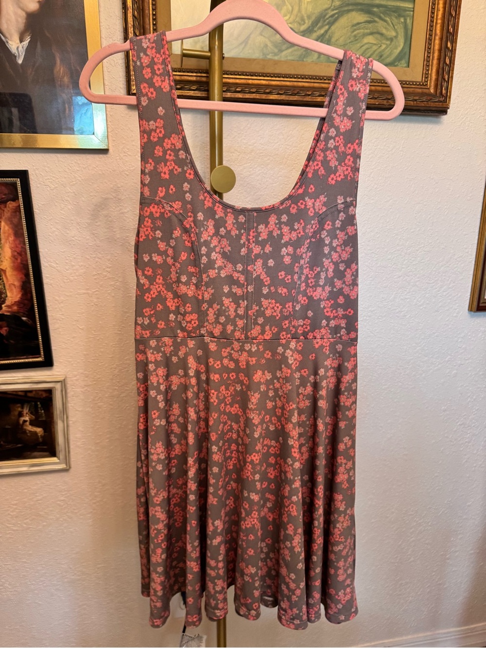 Free People Gray Floral Scoop Neck Sundress with Pink Blossoms Size L